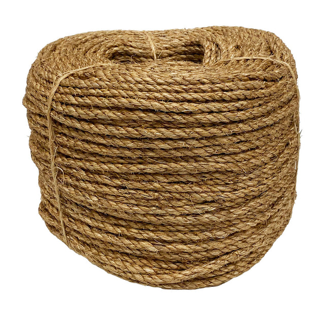 Coil of brown 6mm manila rope on a white background