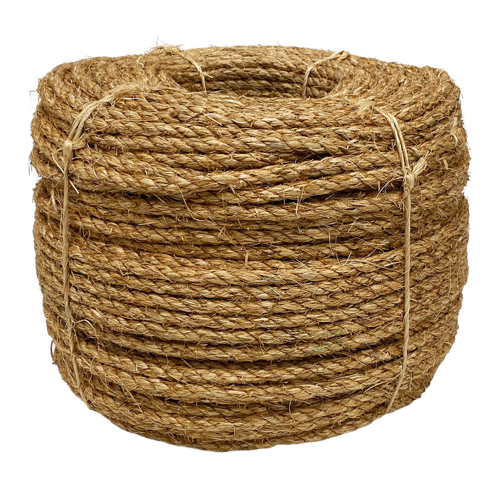 Coil of brown 8mm manila rope on a white background