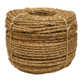 Coil of brown 8mm manila rope on a white background