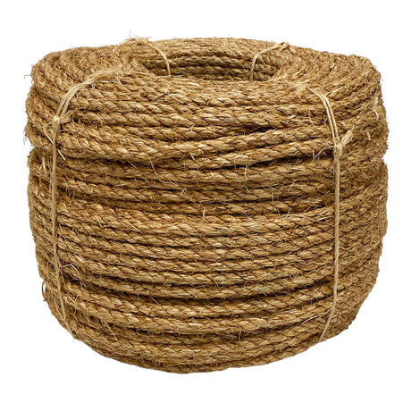 Coil of brown 8mm manila rope on a white background