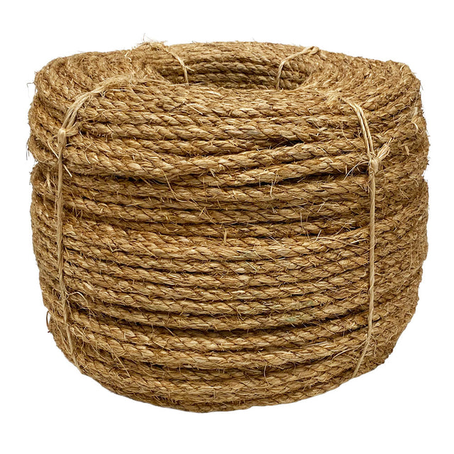 Coil of brown 8mm manila rope on a white background