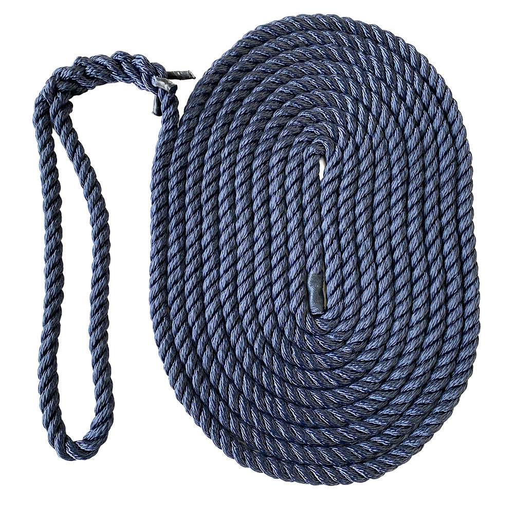Coil of navy blue rope with an eye splice on a white background
