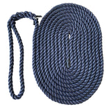 Coil of navy blue rope with an eye splice on a white background