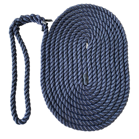 Coil of navy blue rope with an eye splice on a white background