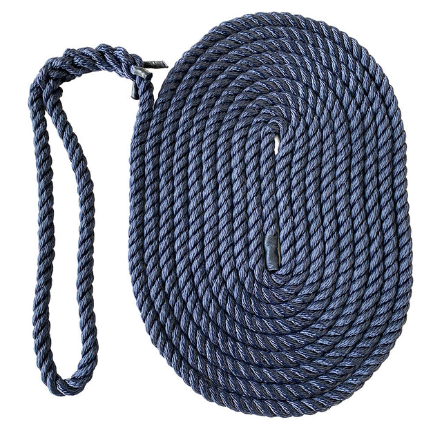 Coil of navy blue rope with an eye splice on a white background