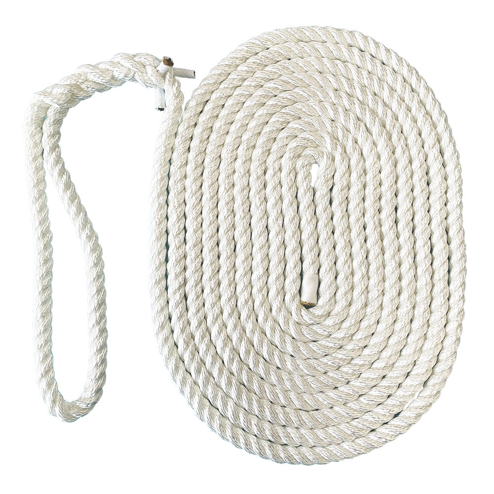 Coil of white polyester rope with an eye splice on a white background