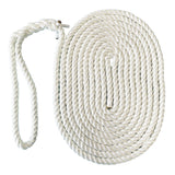 Coil of white polyester rope with an eye splice on a white background