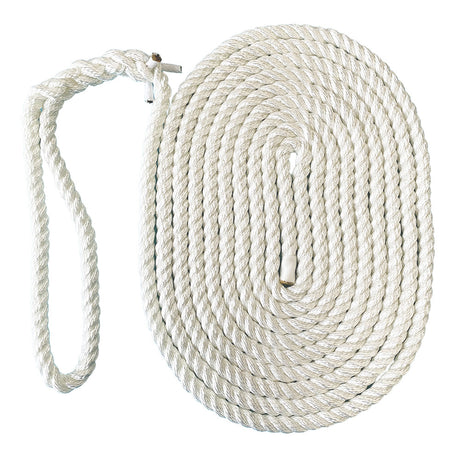 Coil of white polyester rope with an eye splice on a white background
