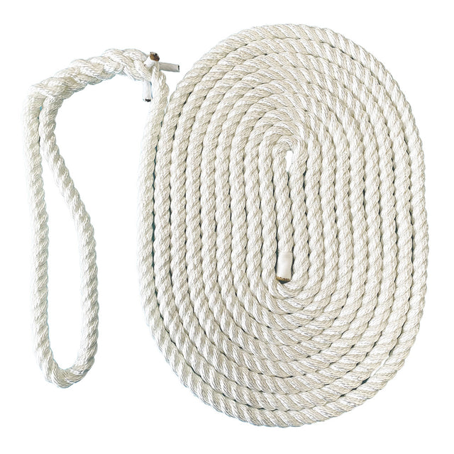 Coil of white polyester rope with an eye splice on a white background