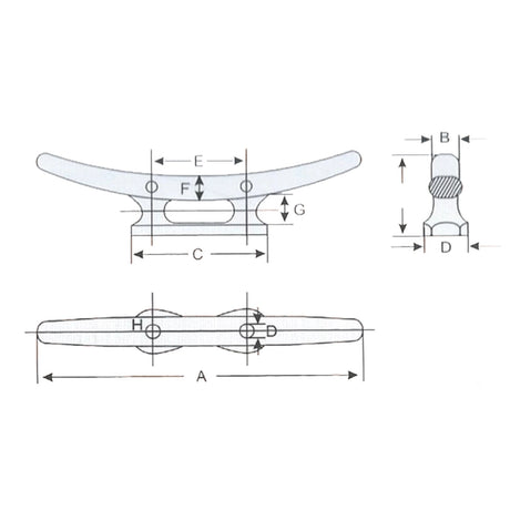 3 technical drawings of a metal mooring cleat showing the various dimensions in letters.