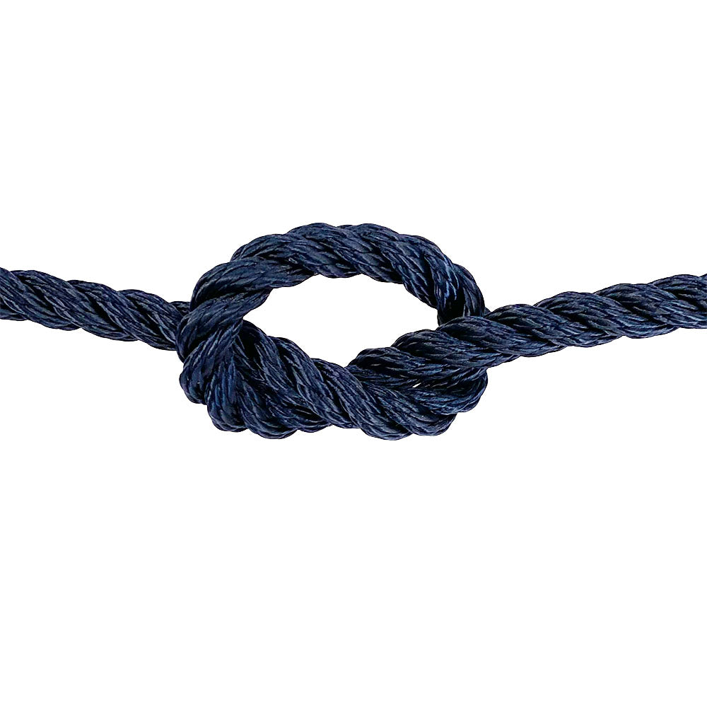 close-up of 10mm navy blue polyester rope in a knot on a white background