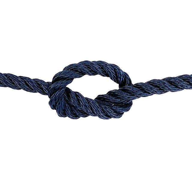 close-up of 10mm navy blue polyester rope in a knot on a white background