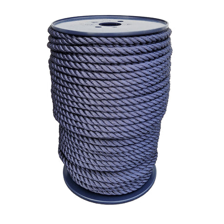 Spool of 10mm navy blue polyester rope on a white background