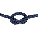 close-up of 12mm navy blue polyester rope in a knot on a white background