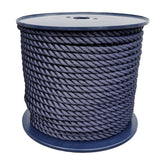 Spool of 12mm navy blue polyester rope on a white background