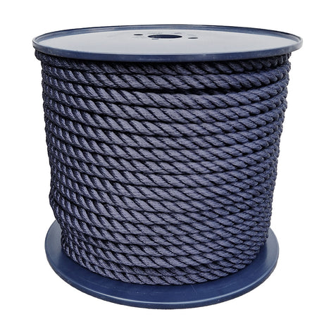Spool of 12mm navy blue polyester rope on a white background