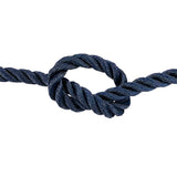 close-up of 14mm navy blue polyester rope in a knot on a white background