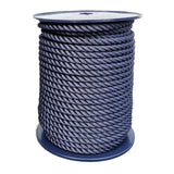 Spool of 14mm navy blue polyester rope on a white background