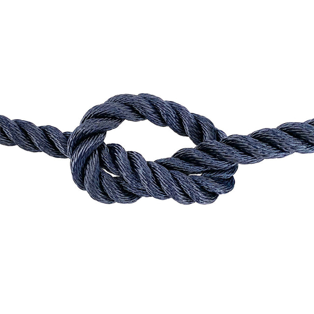 close-up of 16mm navy blue polyester rope in a knot on a white background