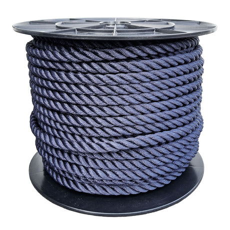 Spool of 16mm navy blue polyester rope on a white background