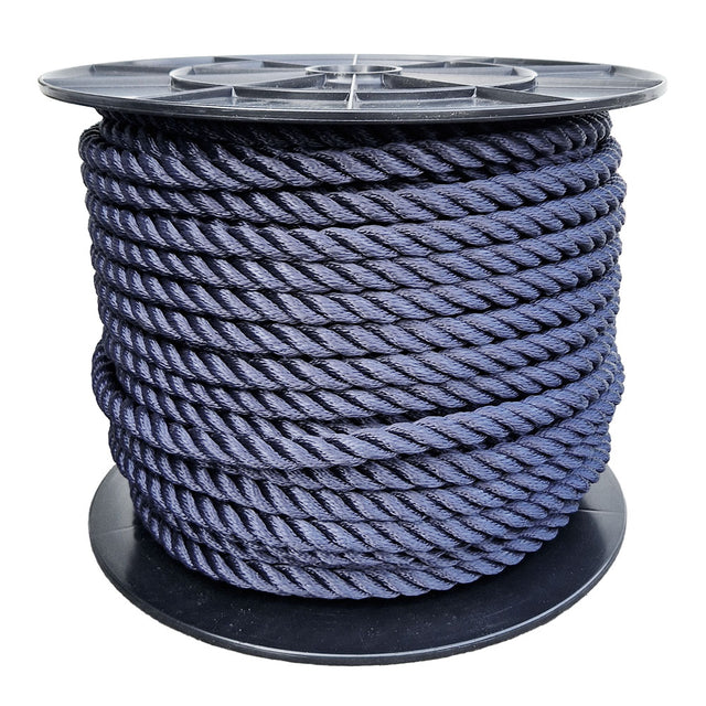 Spool of 16mm navy blue polyester rope on a white background