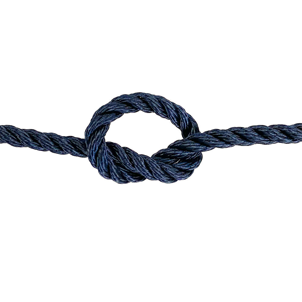 close-up of 8mm navy blue polyester rope in a knot on a white background
