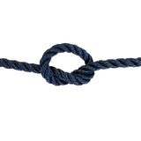 close-up of 8mm navy blue polyester rope in a knot on a white background