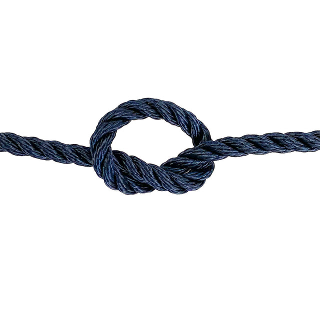 close-up of 8mm navy blue polyester rope in a knot on a white background