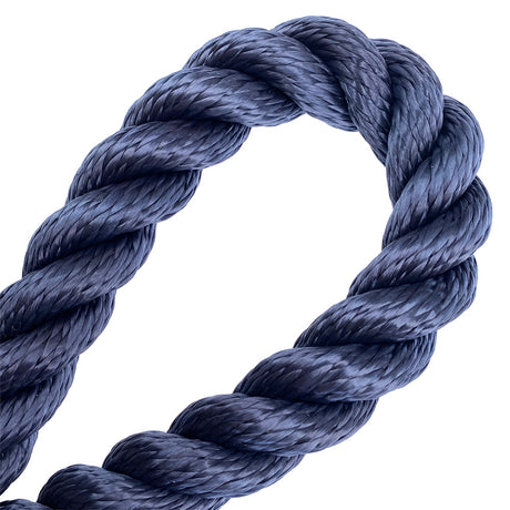 Close-up of a navy blue rope in a loop on a white background
