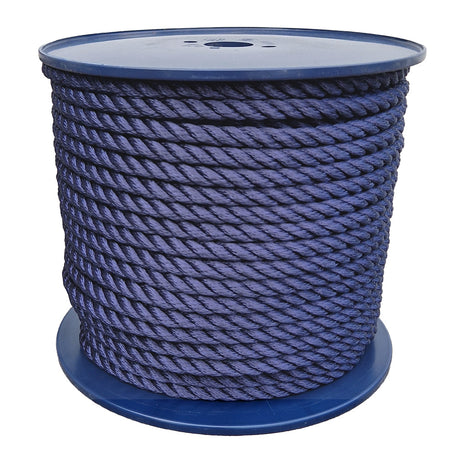 Spool of 12mm navy blue yacht rope on a white background