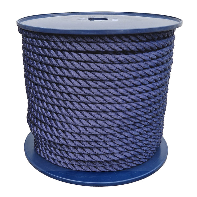Spool of 12mm navy blue yacht rope on a white background