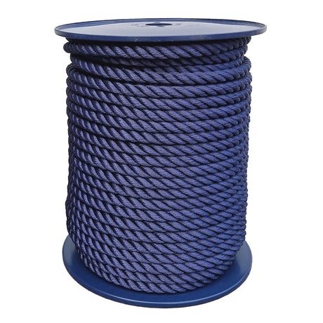 Spool of 14mm navy blue yacht rope on a white background
