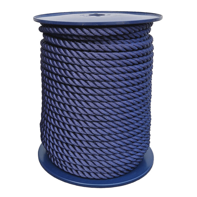 Spool of 14mm navy blue yacht rope on a white background