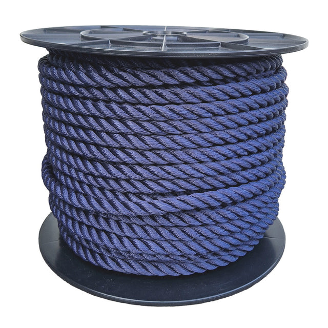 Spool of 16mm navy blue yacht rope on a white background