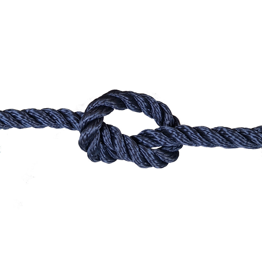 Navy blue rope with a knot on a white background