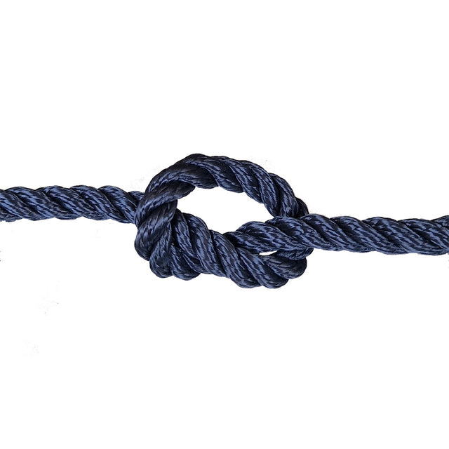 Navy blue rope with a knot on a white background