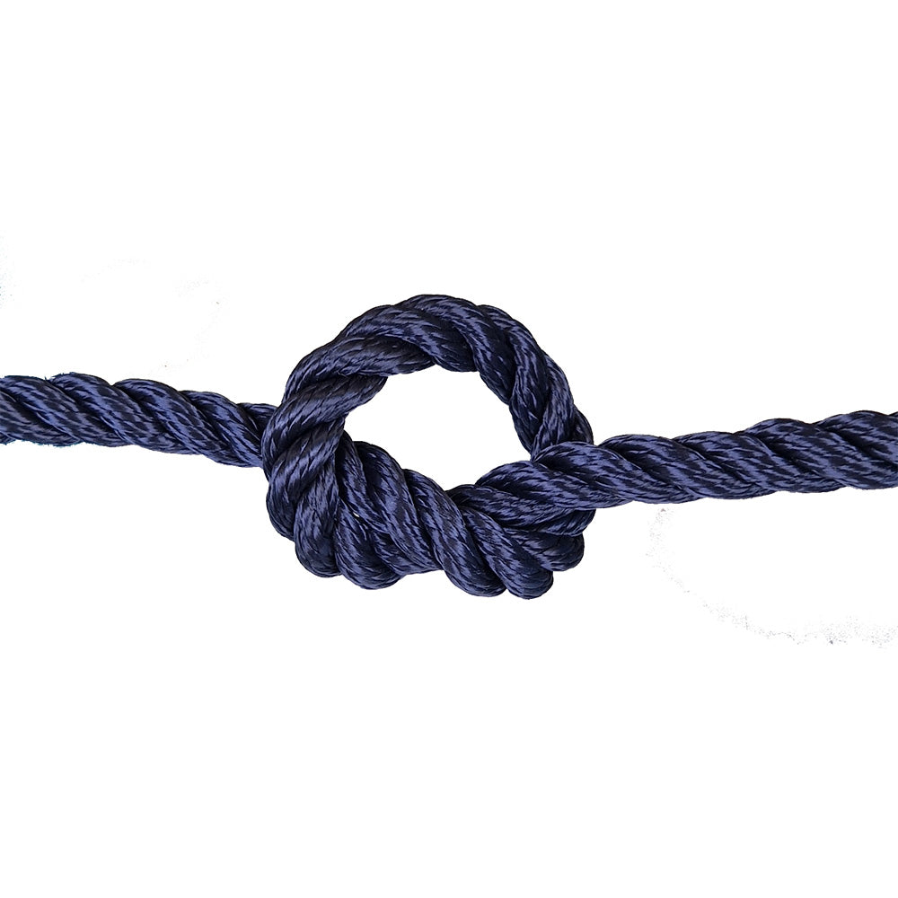 Navy blue rope with a knot on a white background