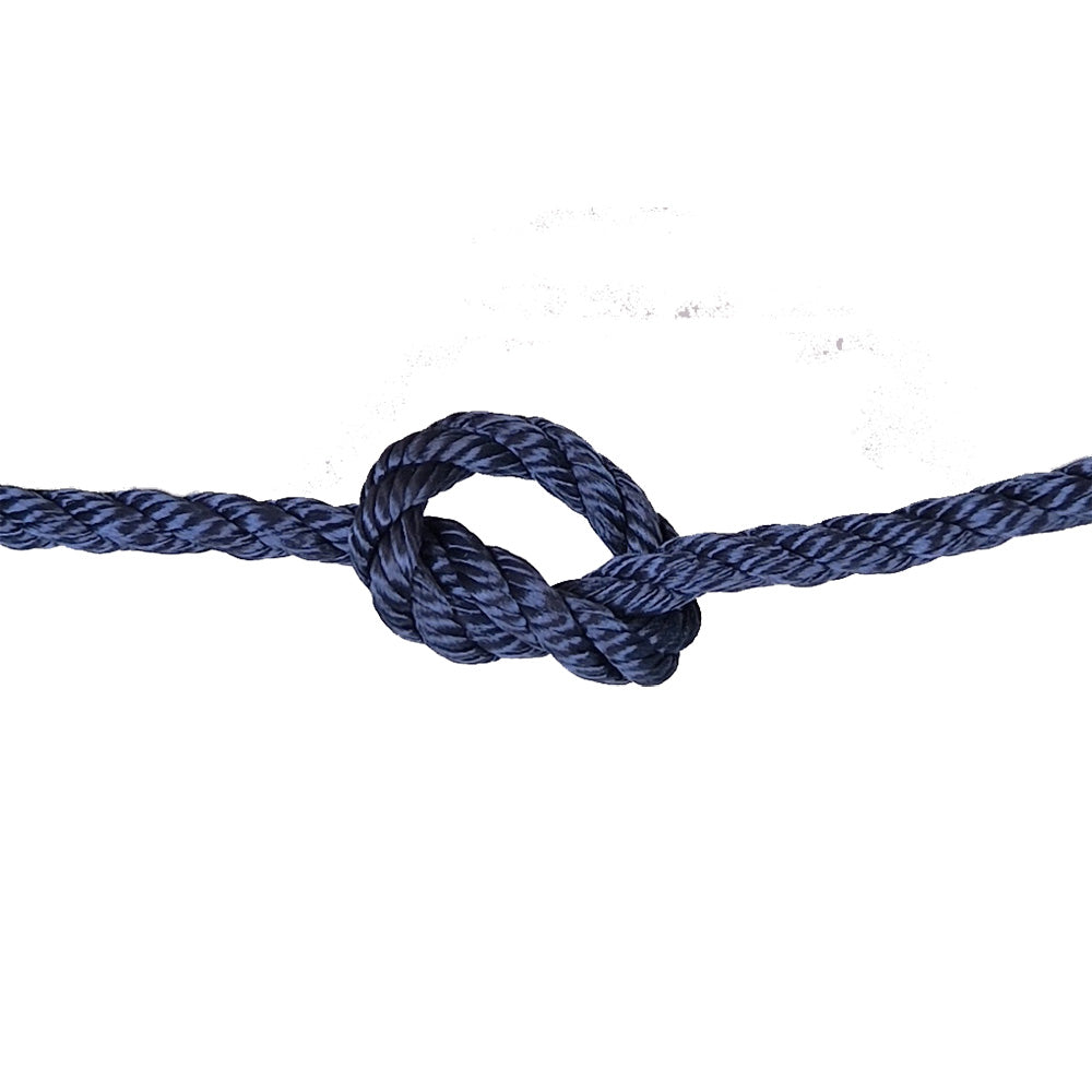 Navy blue rope with a knot on a white background