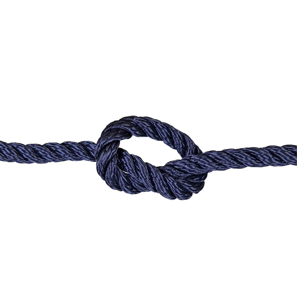 Navy blue rope with a knot on a white background