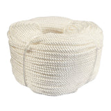 Coil of 6mm white nylon rope on a white background