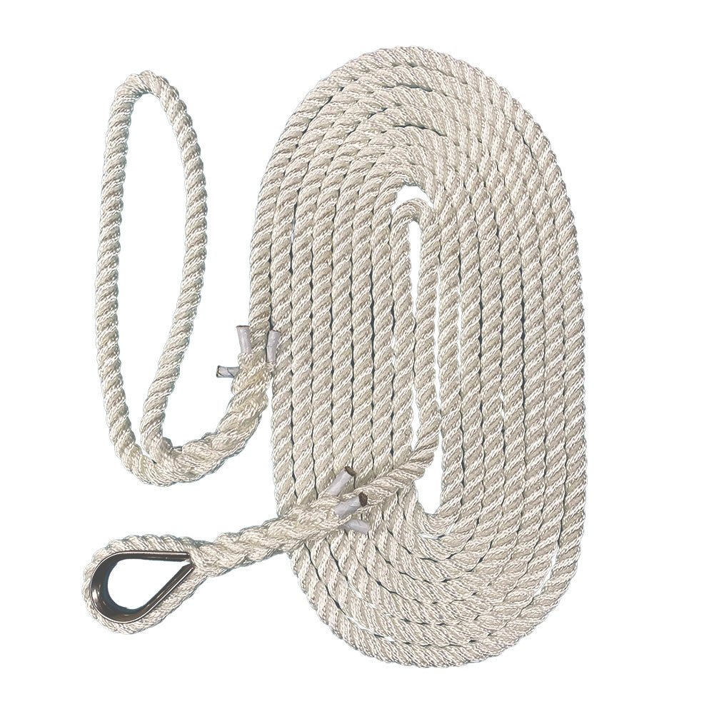 Coil of 12mm white nylon rope with a soft eye and hard eye each end on a white background