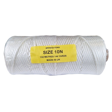 White braided cord with a yellow label on a white background