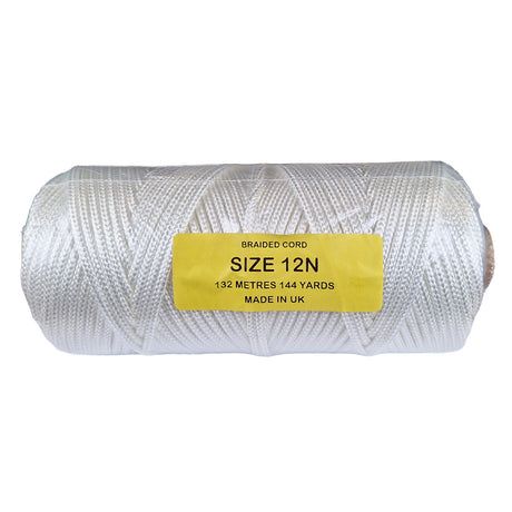 Spool of white braided cord with a yellow label on a white background