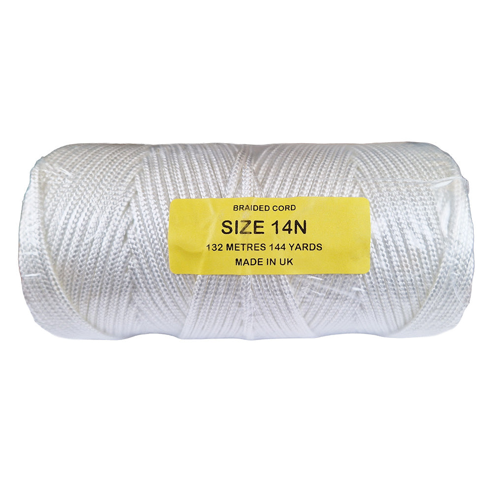 Spools of white braided cord with a yellow label on a white background