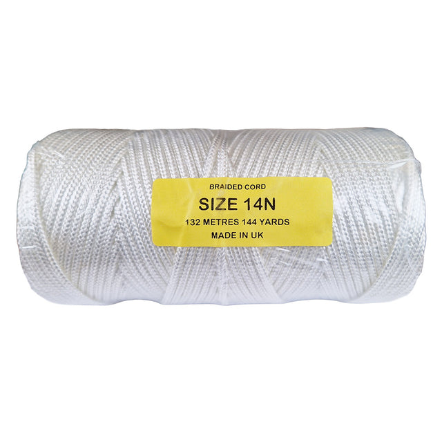 Spools of white braided cord with a yellow label on a white background