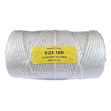 Spool of white braided cord with a yellow label on a white background