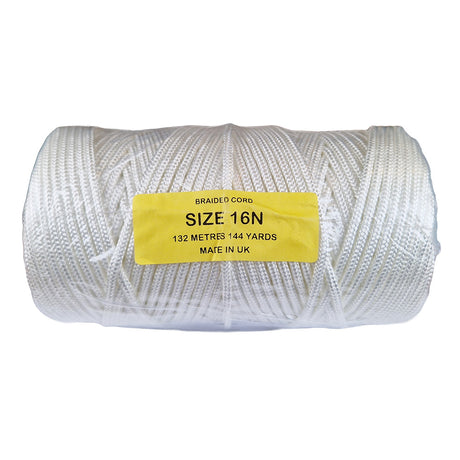 Spool of white braided cord with a yellow label on a white background