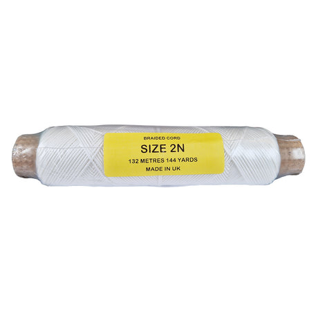 Spool of white braided cord with a yellow label on a white background