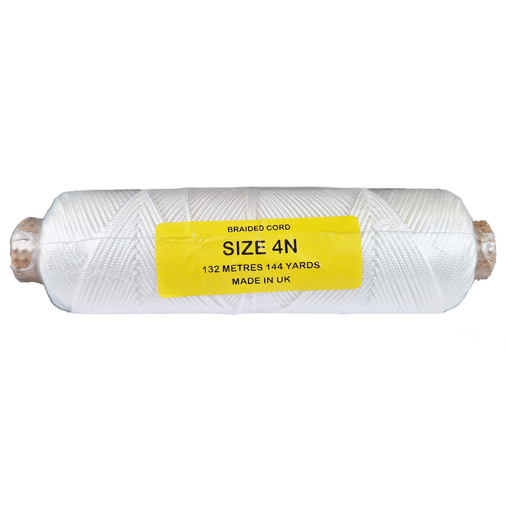 Spool of braided cord with a yellow label on a white background