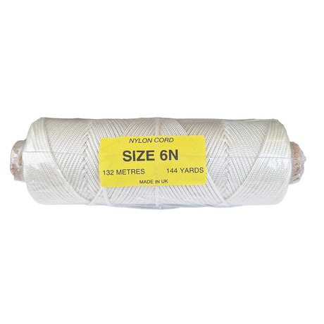 Spool of white braided cord with a yellow label on a white background